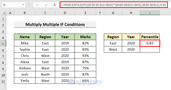 Multiply Multiple IF Conditions inside Excel PERCENTILE Function