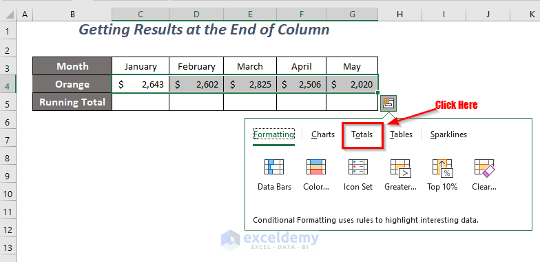 quick analysis tool Excel running total