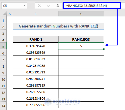 Random Number Generator with Data Analysis Tool and RANK.EQ function in Excel