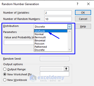 Selecting Distribution for Random Number Generator with Data Analysis Tool in Excel