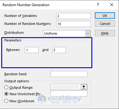 Selecting parameters for Random Number Generator with Data Analysis Tool in Excel