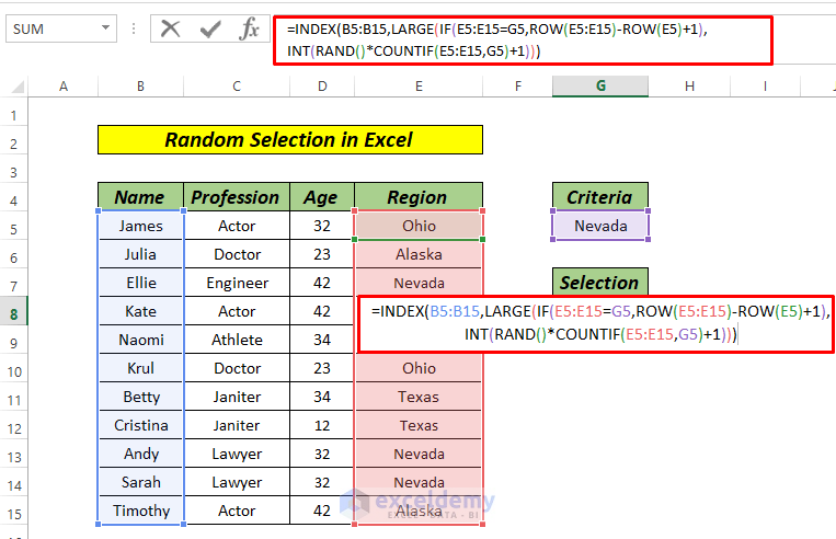 random selection in excel based on criteria using index function
