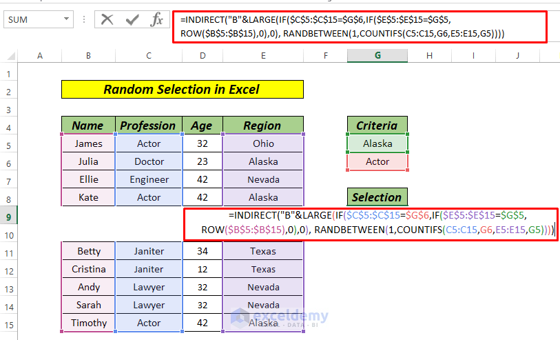 random selection in excel based on criteria with indirect function