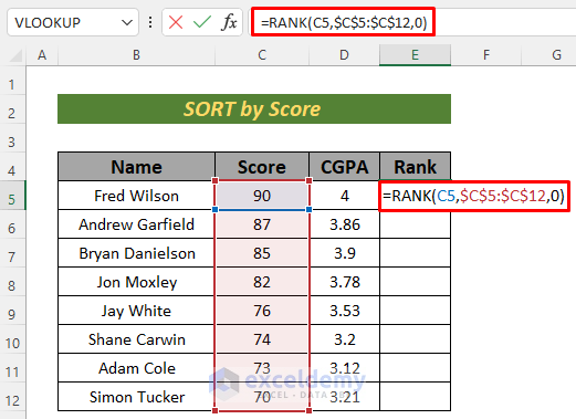 ranking data in excel with sorting