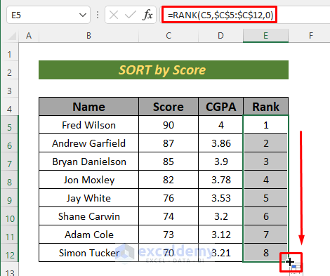 ranking data in excel with sorting