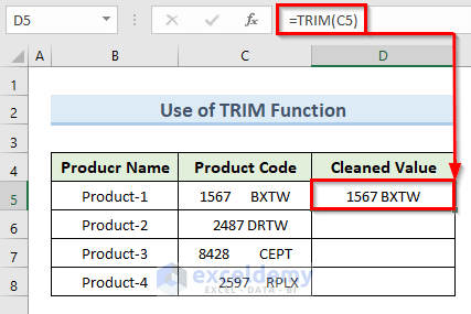Use TRIM Function to Remove Space after Number in Excel