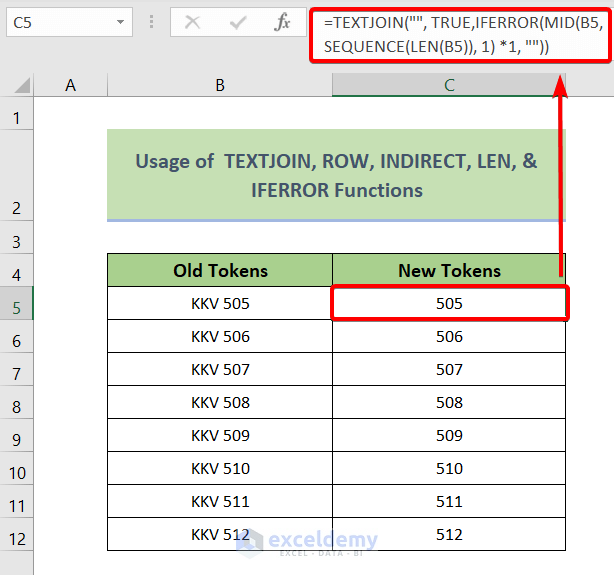 Combination of TEXTJOIN, ROW, INDIRECT, LEN, & IFERROR Functions to Remove Text but Leave Numbers