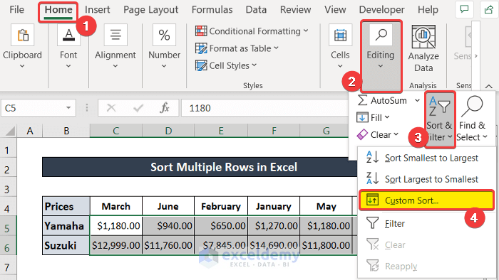 How to sort multiple rows in Excel