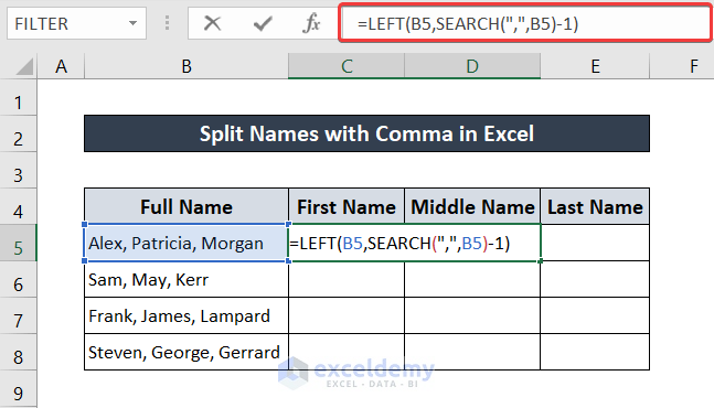 split names in excel with comma