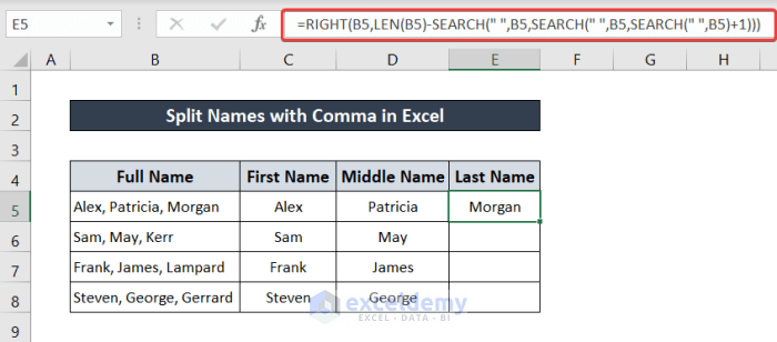 split names in excel with comma