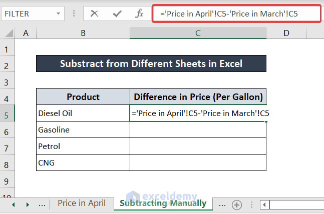 subtract in excel from different sheets