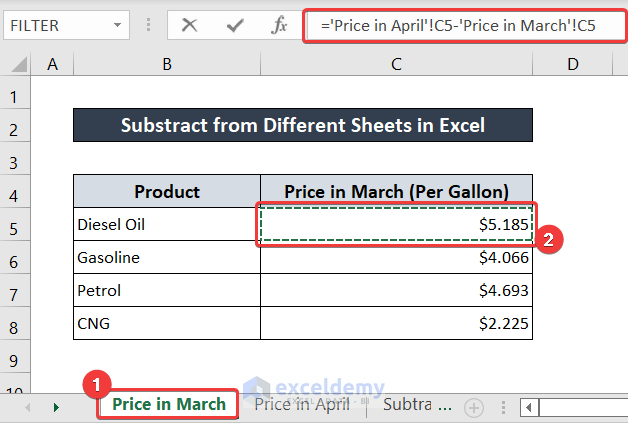 subtract in excel from different sheets