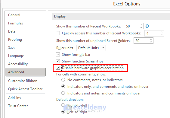 Disable Hardware Graphics Acceleration to Change Font Color in Excel