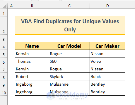 vba code to find duplicate rows in excel