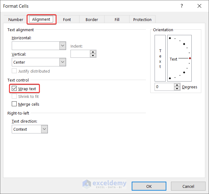 alignment in format cells option