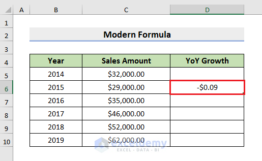 Compute Year over Year Growth with Modern Formula in Excel