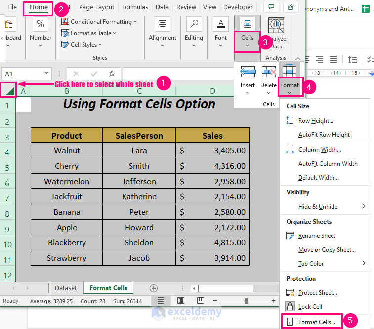 Format cells option