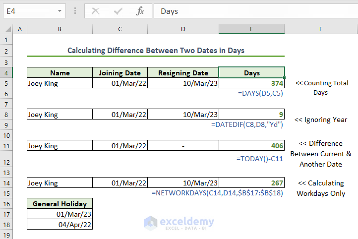 How to Find Difference Between Two Dates in Days in Excel