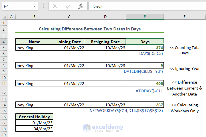 Excel Calculates Difference Between Two Dates in Days: 7 Ways