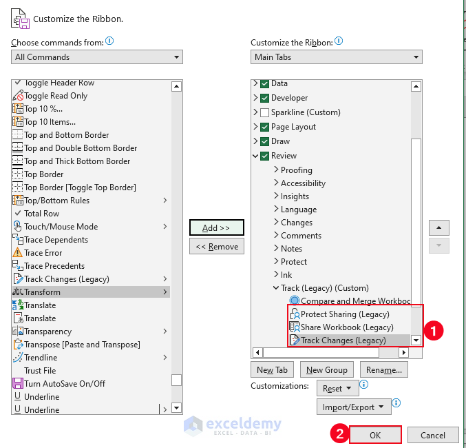 10-Add Protect Sharing, Share Workbook, and Track Changes (Legacy) option
