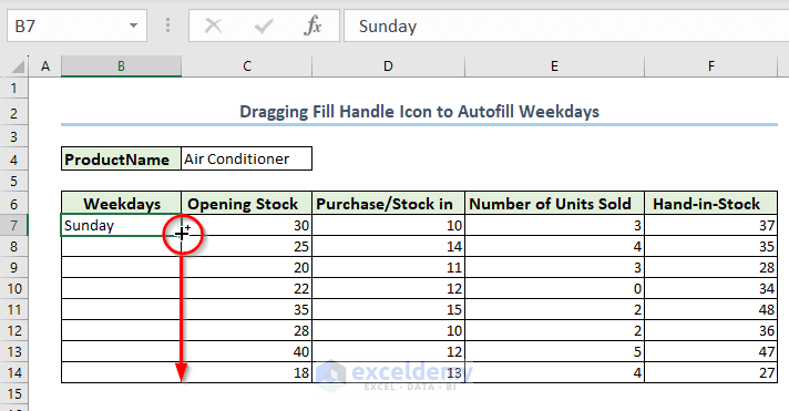 Dragging Fill Handle Icon to Autofill Weekdays