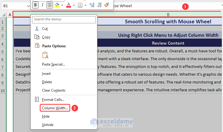 Right-clicking on the column header for Smooth Scrolling with Mouse Wheel in Excel