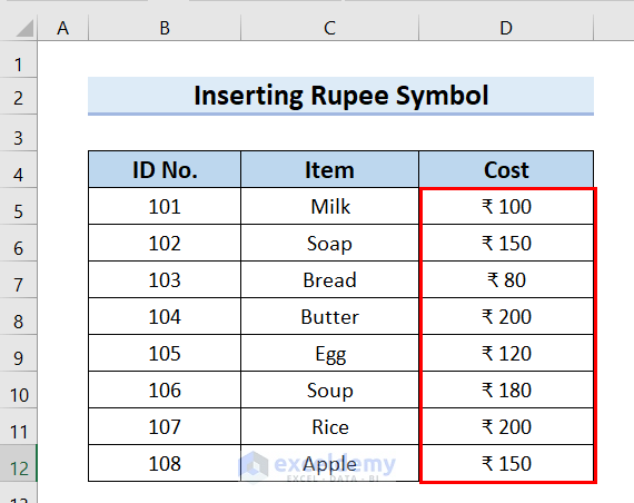 How to Insert Rupee Symbol in Excel