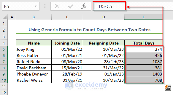 Find Difference Between Two Dates in Days in Excel Using a Generic Formula