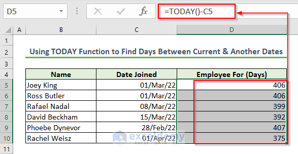 Use of TODAY Function to Find Total Days