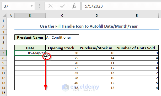 Use the Fill Handle Icon to Autofill Date/Month/Year