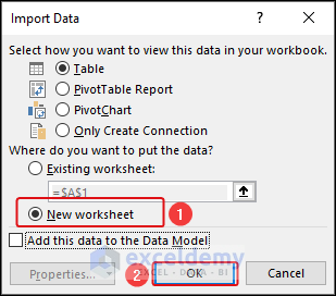 selecting New worksheet to put the data from csv file to Excel