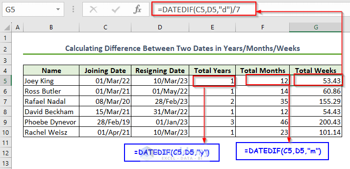 Calculate Difference Between Two Dates in Years/Months/Weeks in Excel