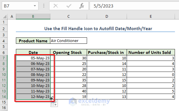 Inserting Date with Fill Handle icon