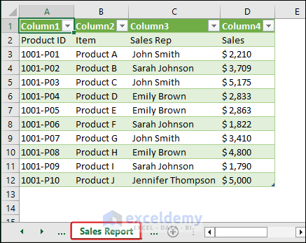 data formatted as query table