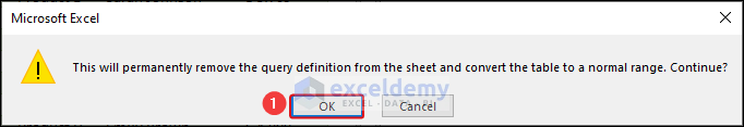 warning dialog box to give alert about removing query definition from sheet