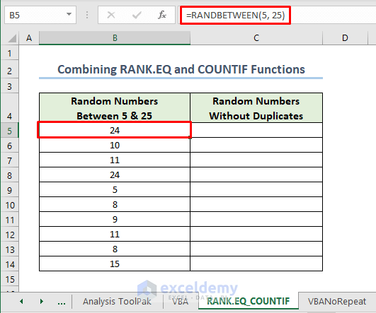 using RANDBETWEEN to get random integers between 5 and 25