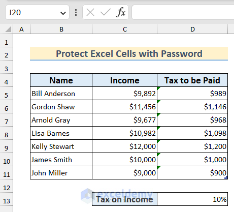 Excel dataset to protect cells with password