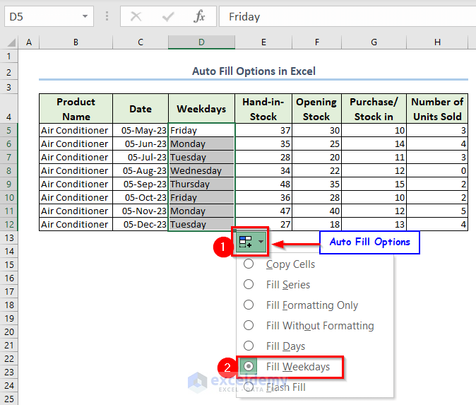 Auto Fill Options for Weekdays in Excel