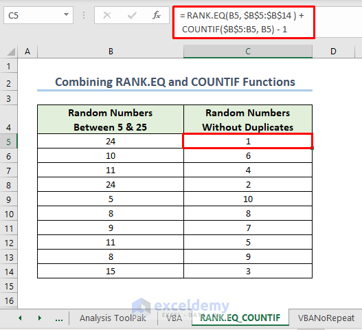 combine RANK.EQ and COUNTIF to assign unique ranks