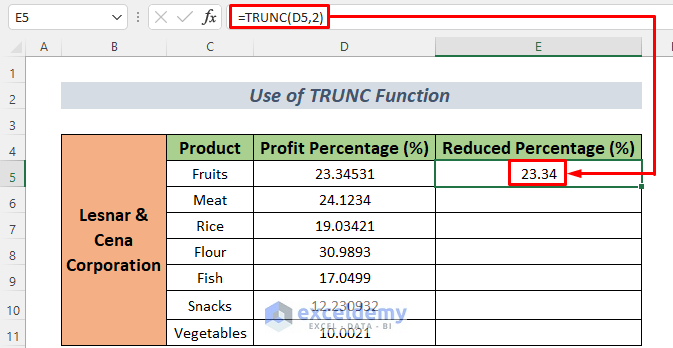 Reducing decimals using TRUNC function in Excel