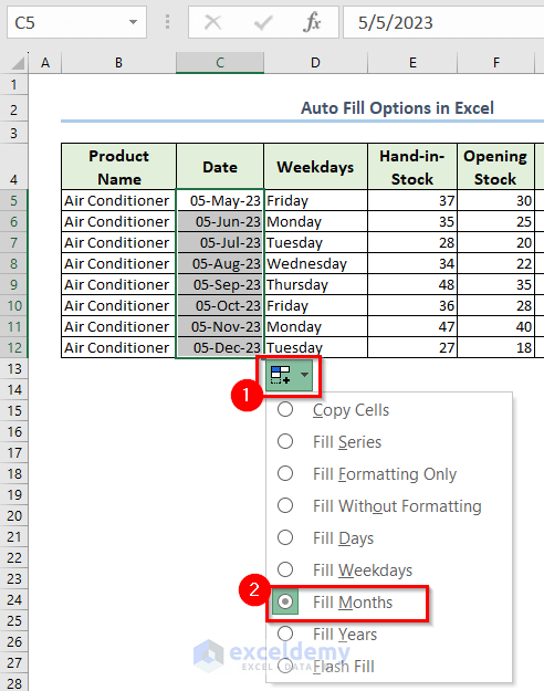 Auto Fill Options for Dates in Excel