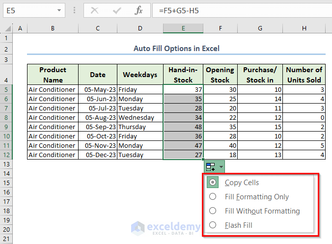 Auto Fill Options for Numeric data in Excel