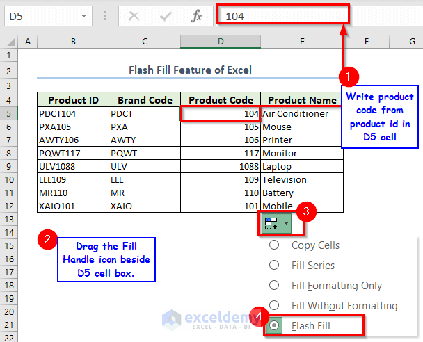 Using Flash Fill Feature to Get Product Code
