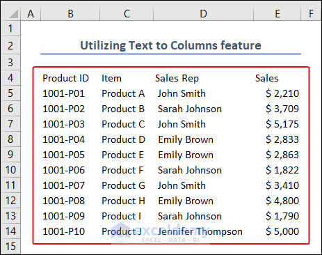 raw data after using text to column feature in Excel
