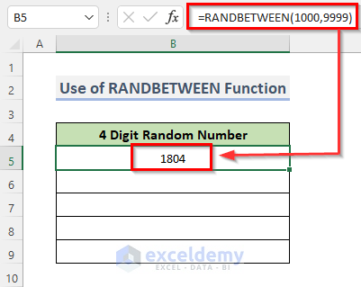 Insert RANDBETWEEN Function to Generate 4 Digit Random Number