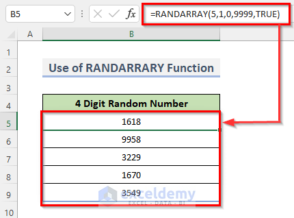 RANDARRARY Function as Random 4 Digit Number Generator in Excel