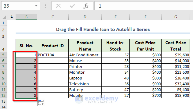 Create a Numeric Series with Fill Handle