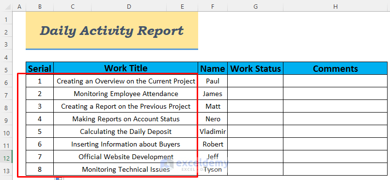 how to make daily activity report in excel