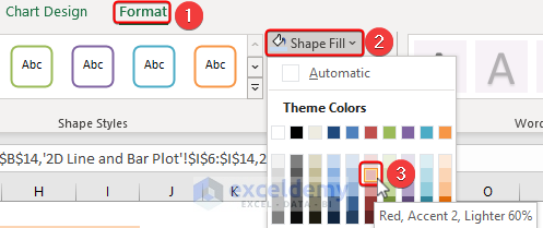 choosing light color from the shape fill option in the format tab