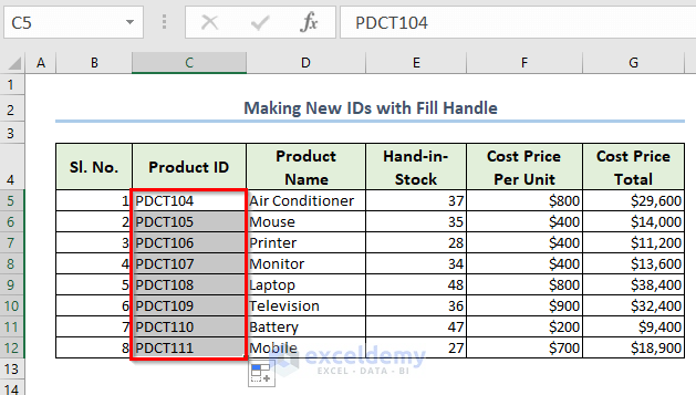Make New IDs with Fill Handle in Excel